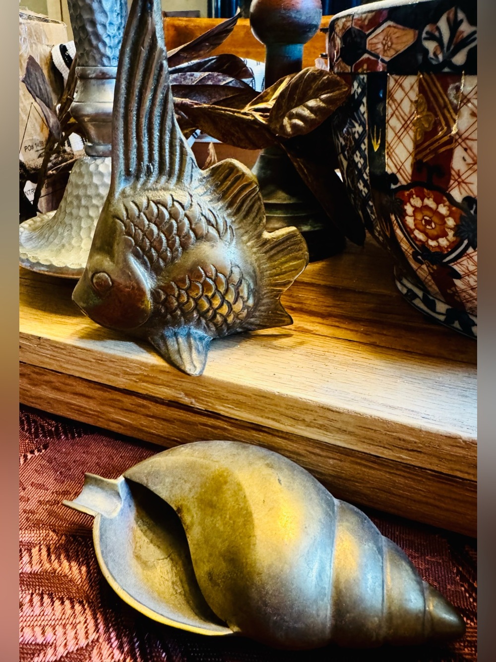 Vintage Brass Sea Life Decor Set Angelfish & Conch Shell Ashtray MCM Coastal 60s